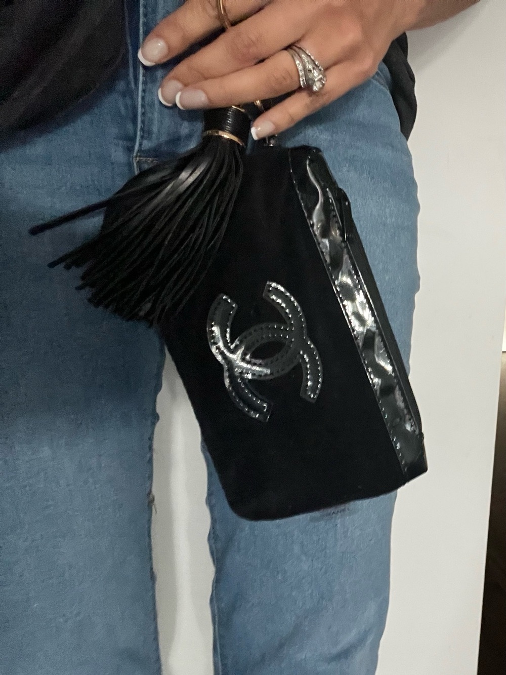 Black Suede Tassel Wristlet Clutch Chanel GWP